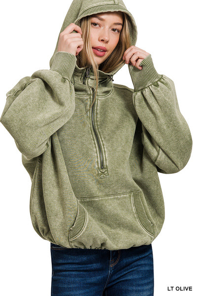 WASHED DRAWSTRING HEM HALF ZIP KANGAROO HOODIE