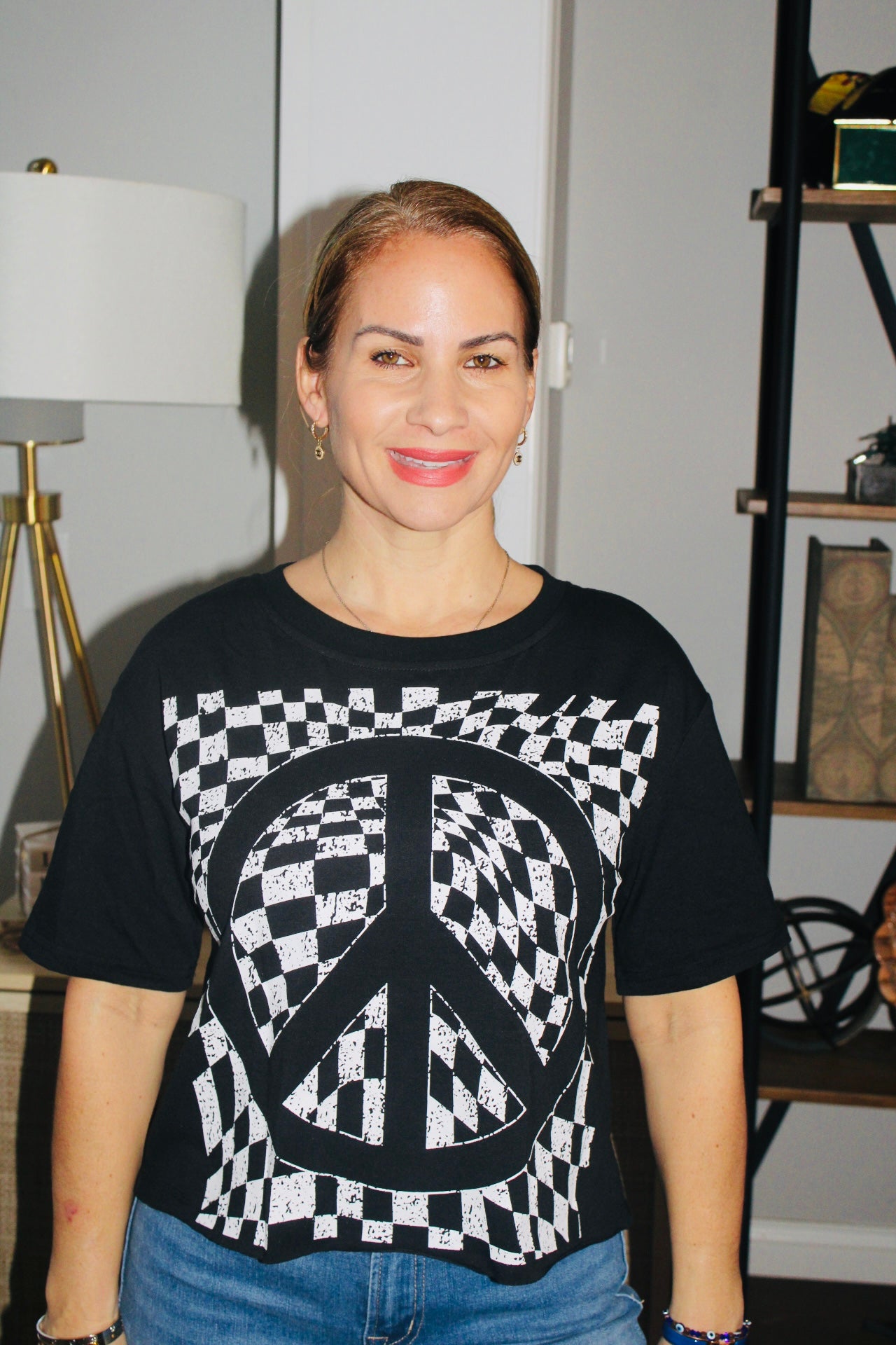 Checker Peace Sign Printed Round Neck T Shirt