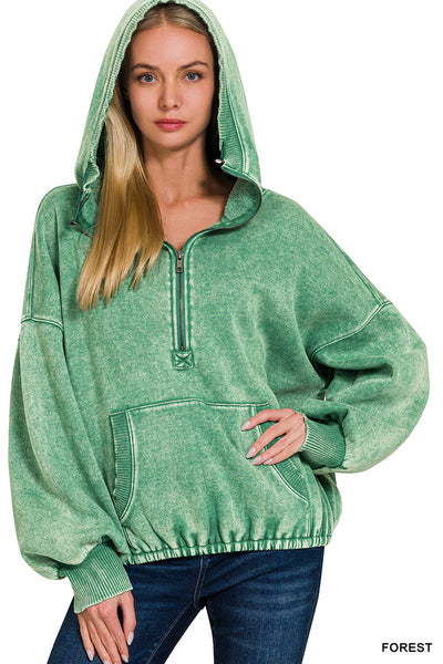 WASHED DRAWSTRING HEM HALF ZIP KANGAROO HOODIE