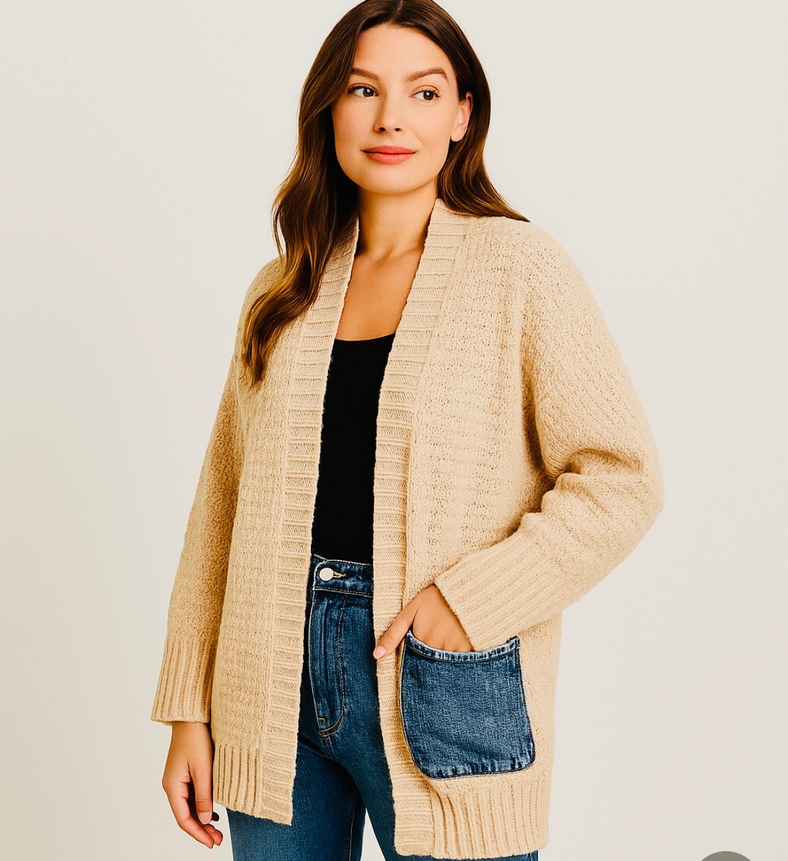 Beige Knit Sweater Cardigan with Demin Pocket