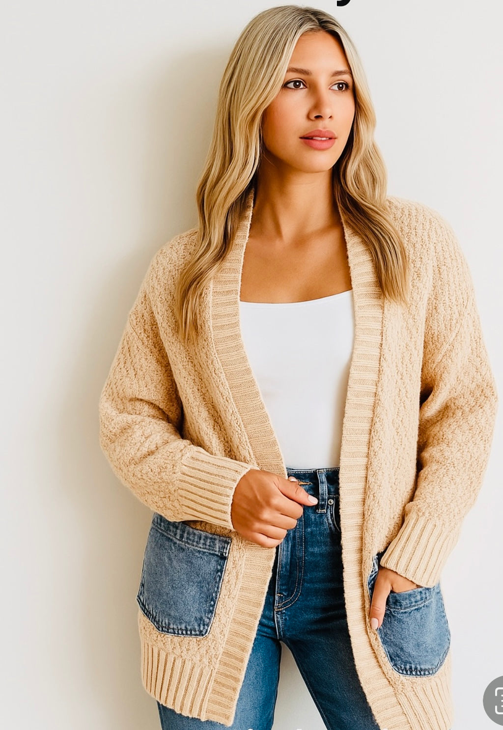Beige Knit Sweater Cardigan with Demin Pocket