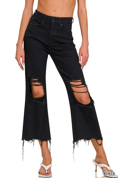DISTRESSED KNEE FLARE CROP HIGH-WAIST PANTS