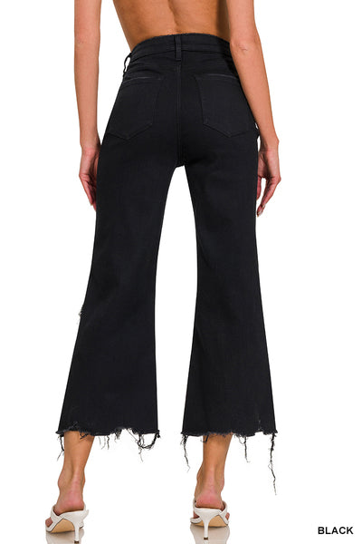 DISTRESSED KNEE FLARE CROP HIGH-WAIST PANTS