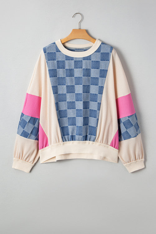 Sky Blue Oversized Checkered Denim Exposed Seam Patchwork Casual Sweatshirt