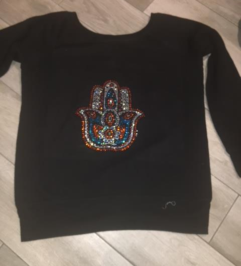 Off the shoulder Hamsa rhinestone sweatshirt