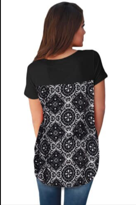 Criss Cross Neck Retro Floral Print Back Tee