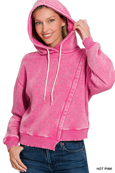 ACID WASH ASYMMETRICAL DETAILED FLEECE HOODIE