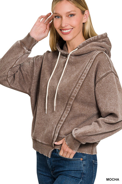 ACID WASH ASYMMETRICAL DETAILED FLEECE HOODIE