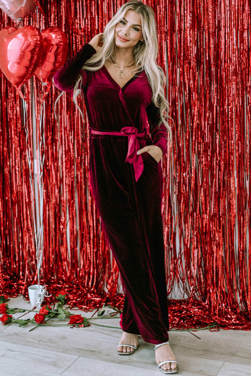 Red Velvet Pocketed Cut out Back Wide Leg