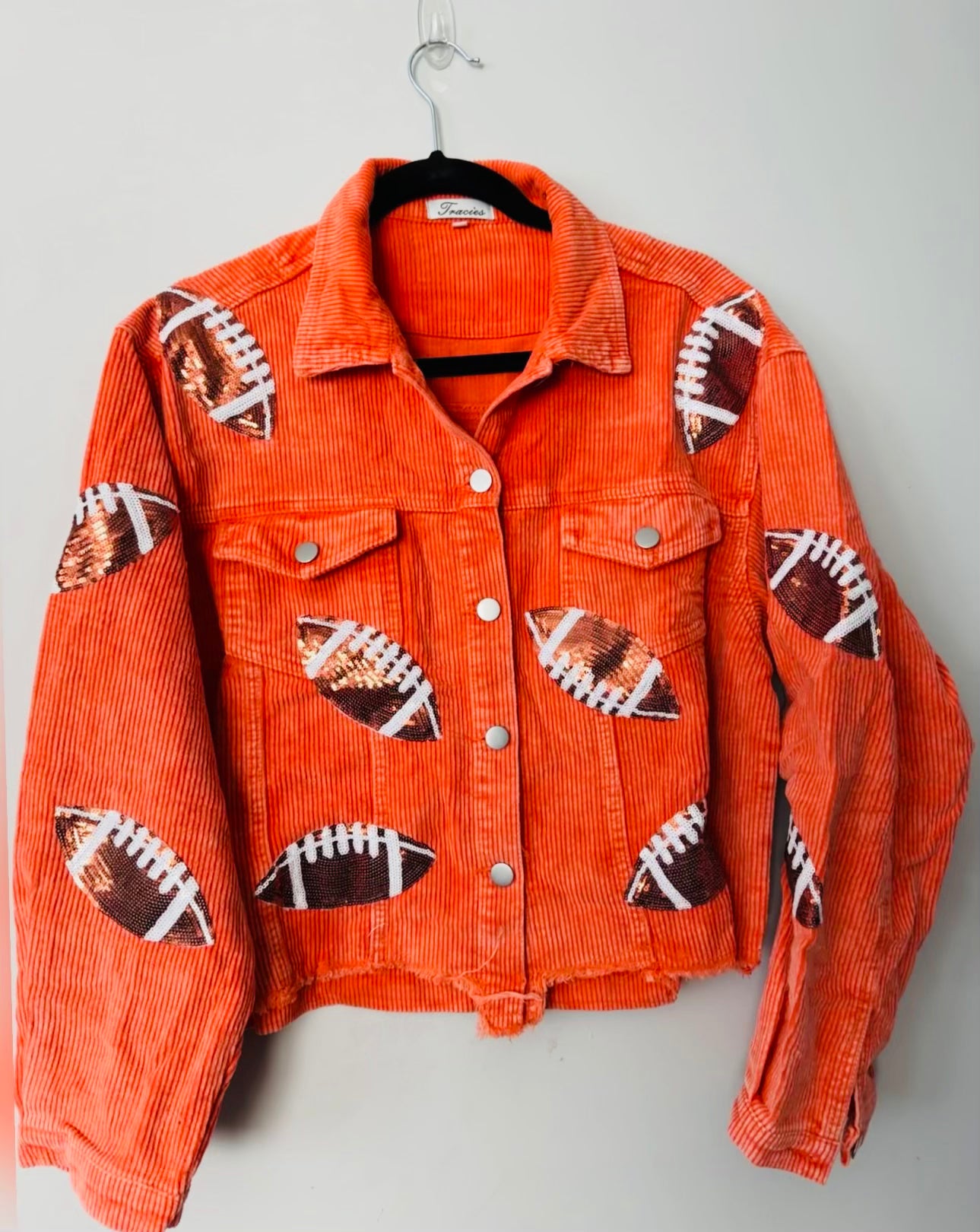 Corduroy jacket with football sequin patches