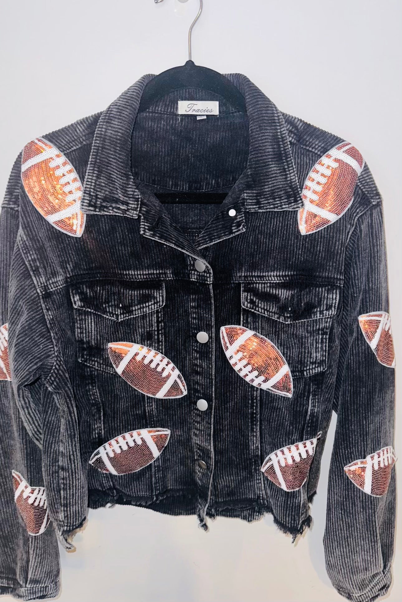 Corduroy jacket with football sequin patches