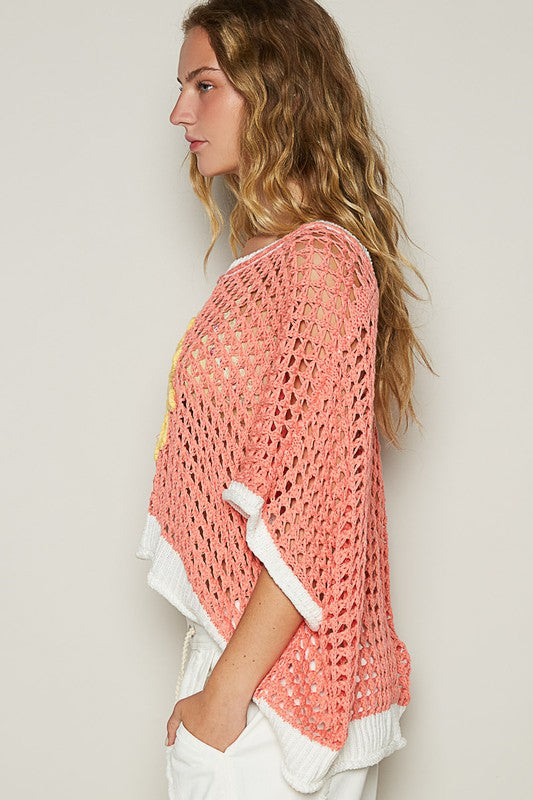 POL Hollow Out Flower Half Sleeve Knit Cover Up