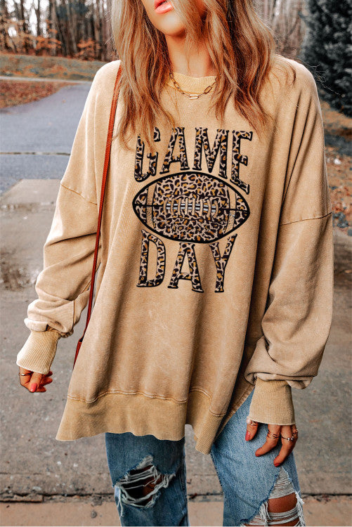 Khaki Loose Leopard Football GAME DAY Graphic Sweatshirt