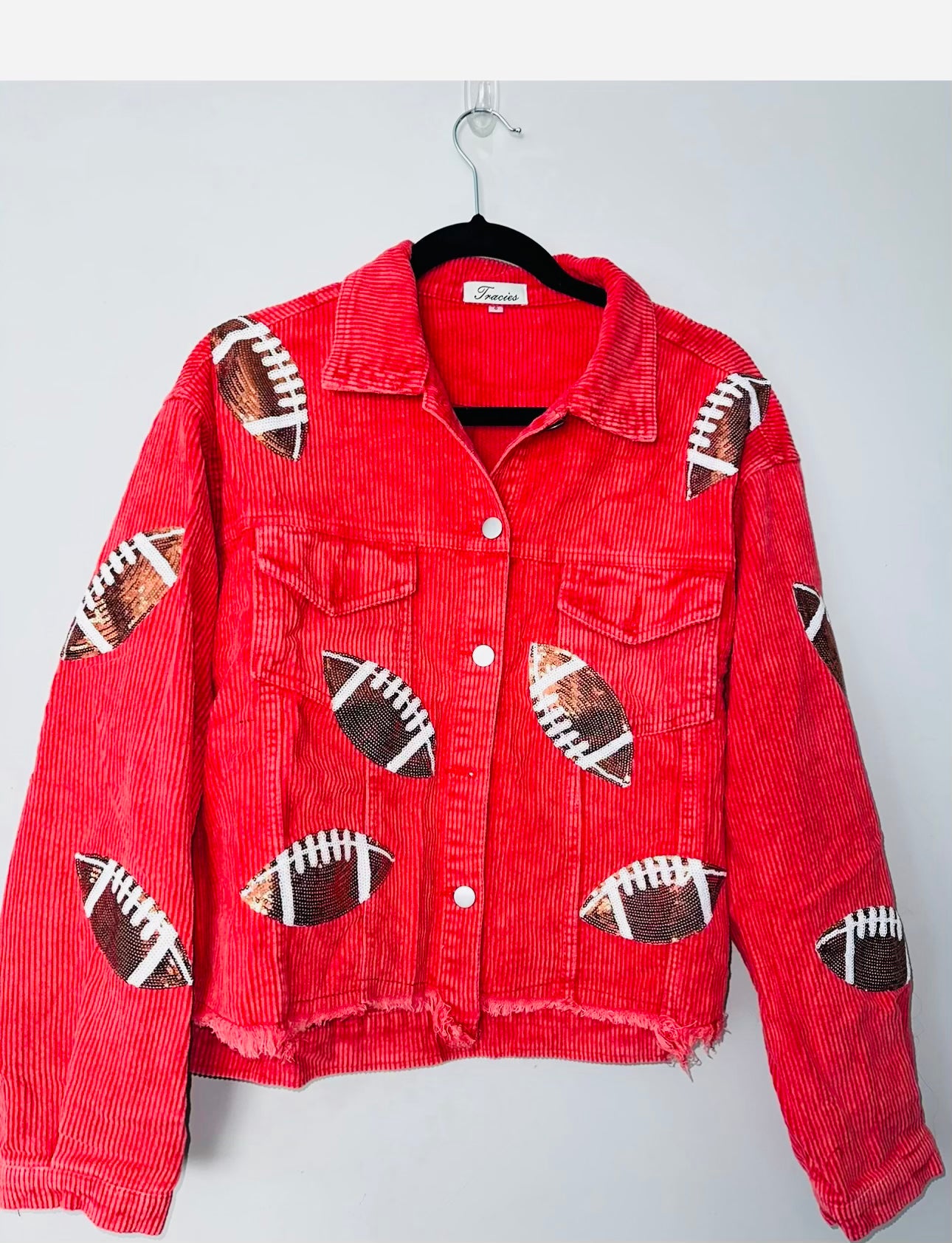 Corduroy jacket with football sequin patches