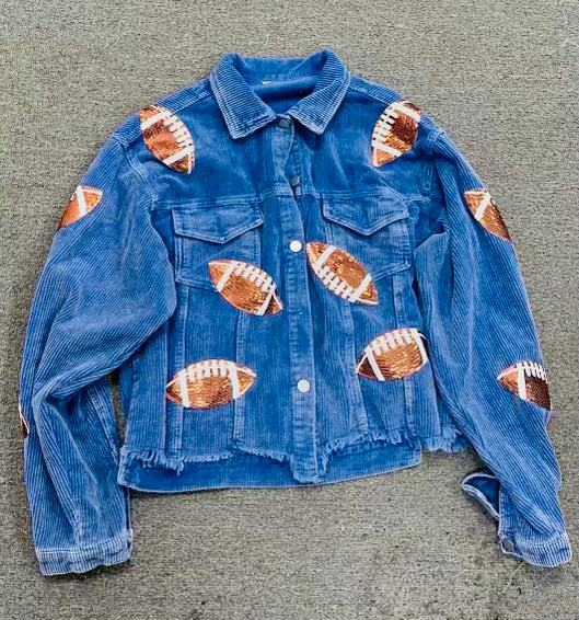 Corduroy jacket with football sequin patches