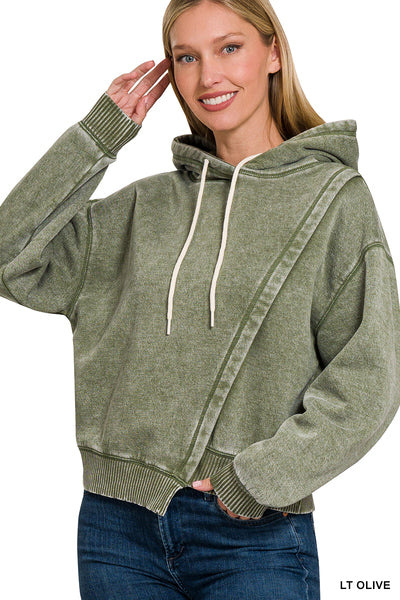 ACID WASH ASYMMETRICAL DETAILED FLEECE HOODIE