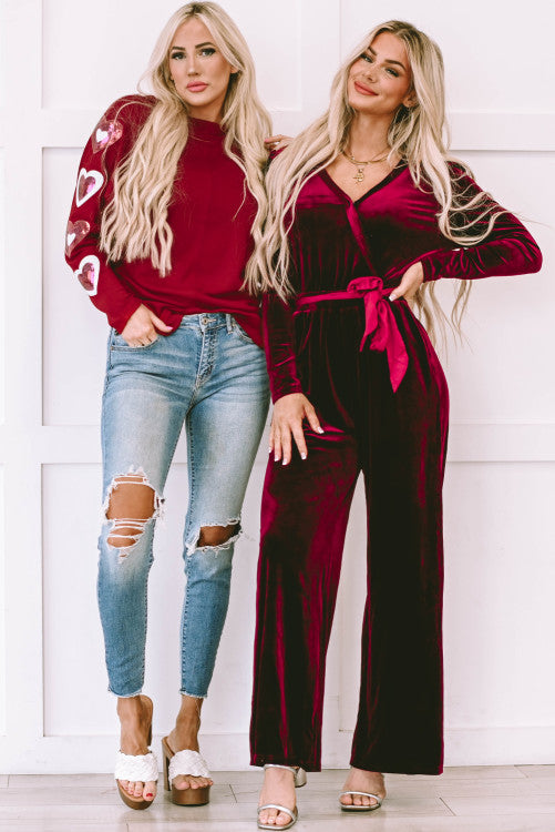 Red Velvet Pocketed Cut out Back Wide Leg