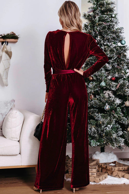 Red Velvet Pocketed Cut out Back Wide Leg