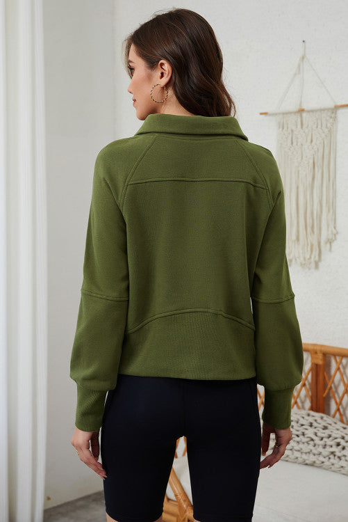 Green Quarter Neck Kangaroo Pocket Sweatshirt