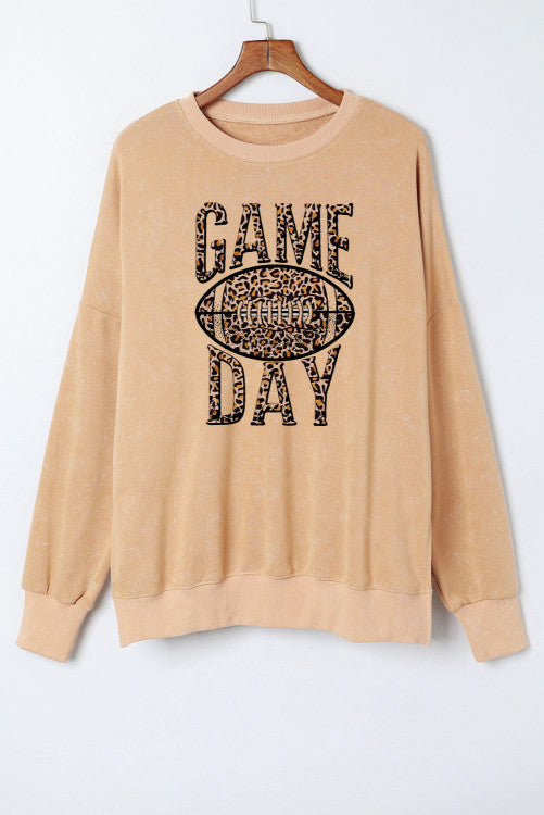 Khaki Loose Leopard Football GAME DAY Graphic Sweatshirt