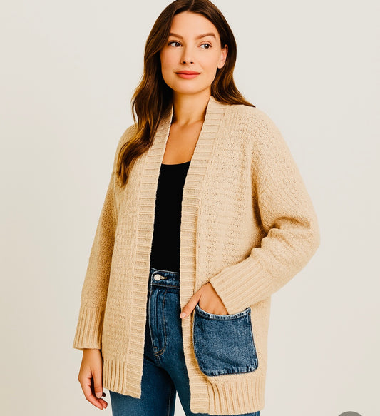 Beige Knit Sweater Cardigan with Demin Pocket