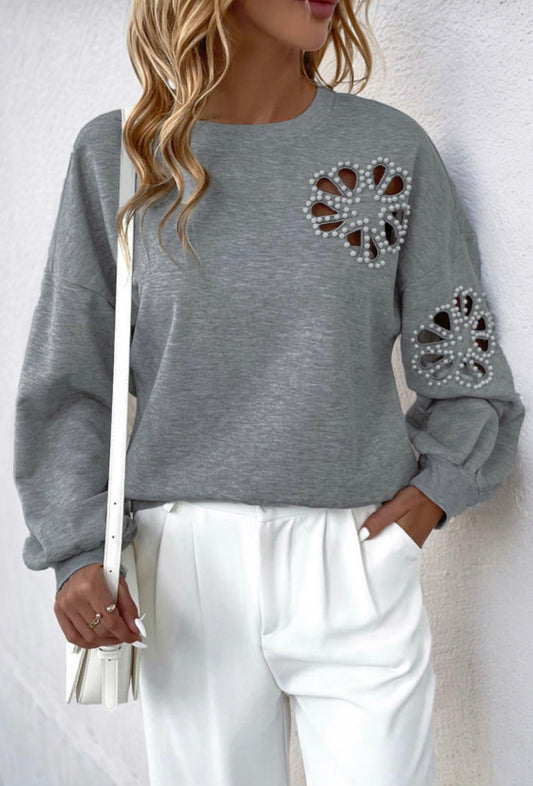 Grey Pearl Hallow Out Flower Swewtshirt