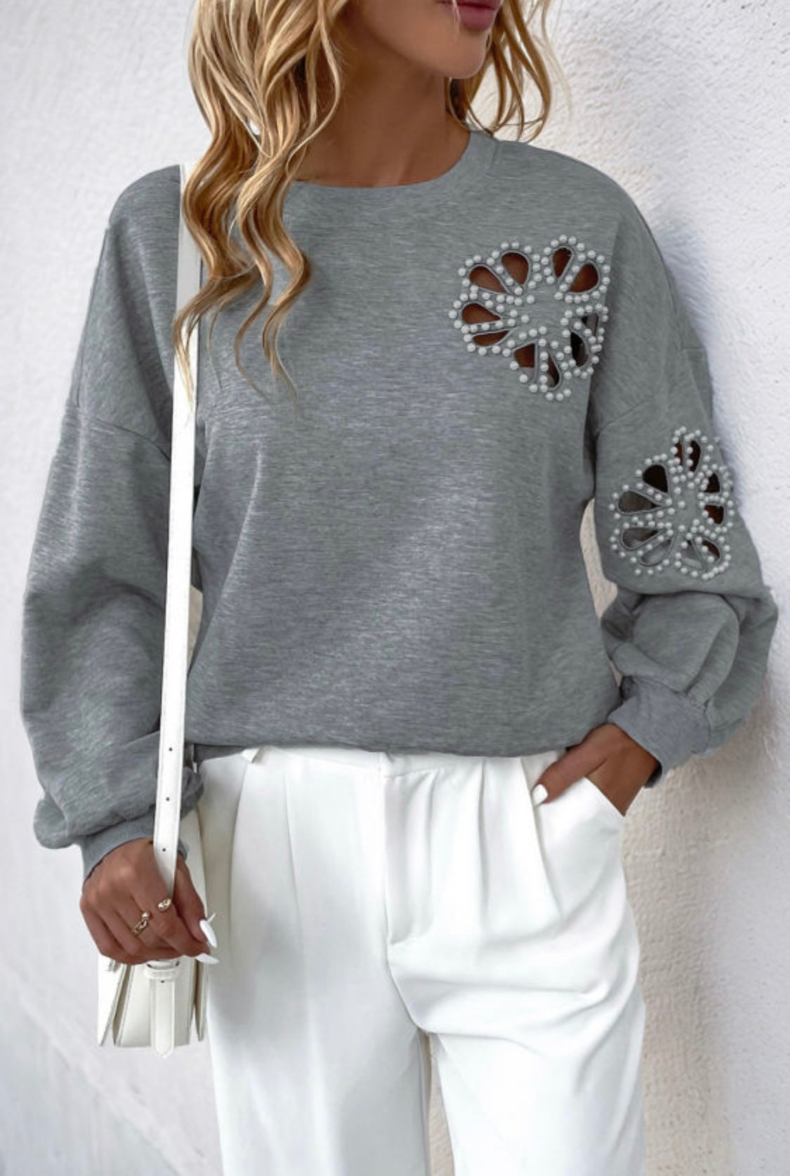 Grey Pearl Hallow Out Flower Swewtshirt