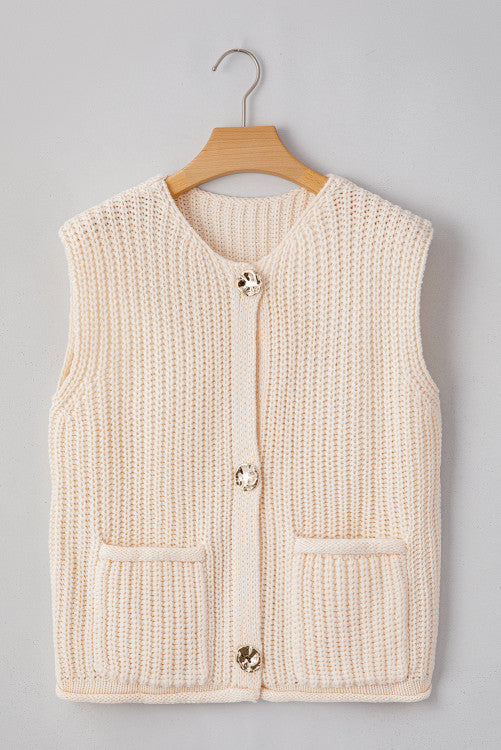 Solid Textured Knit Side Pockets Buttoned Sweater Vest