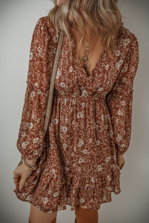 Brown Boho Floral Ruffled Puff Sleeve V Neck Dress