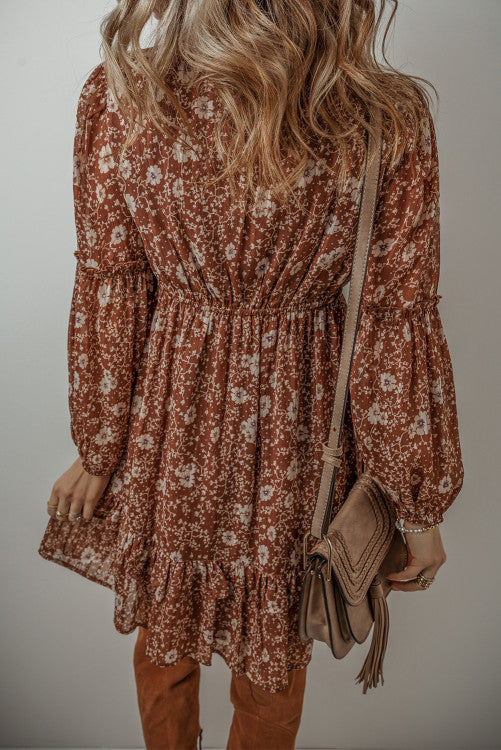 Brown Boho Floral Ruffled Puff Sleeve V Neck Dress