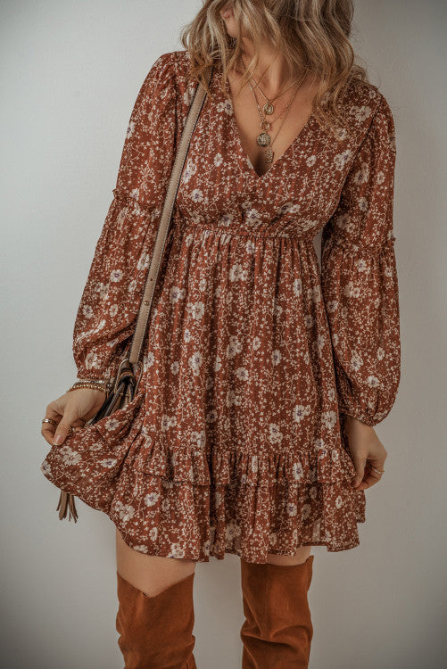 Brown Boho Floral Ruffled Puff Sleeve V Neck Dress