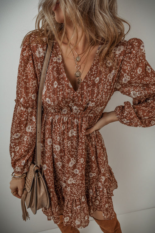 Brown Boho Floral Ruffled Puff Sleeve V Neck Dress