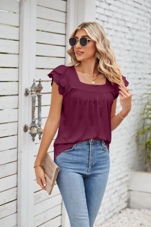 Ruffle sleeve shirt with eyelet design on sleeve