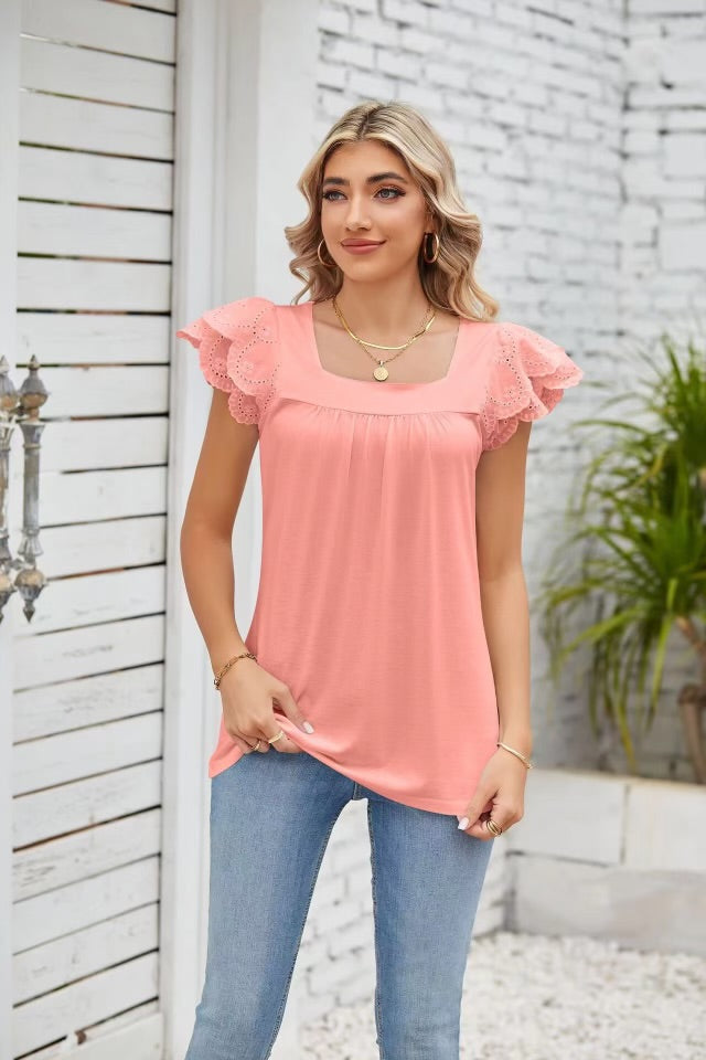 Ruffle sleeve shirt with eyelet design on sleeve