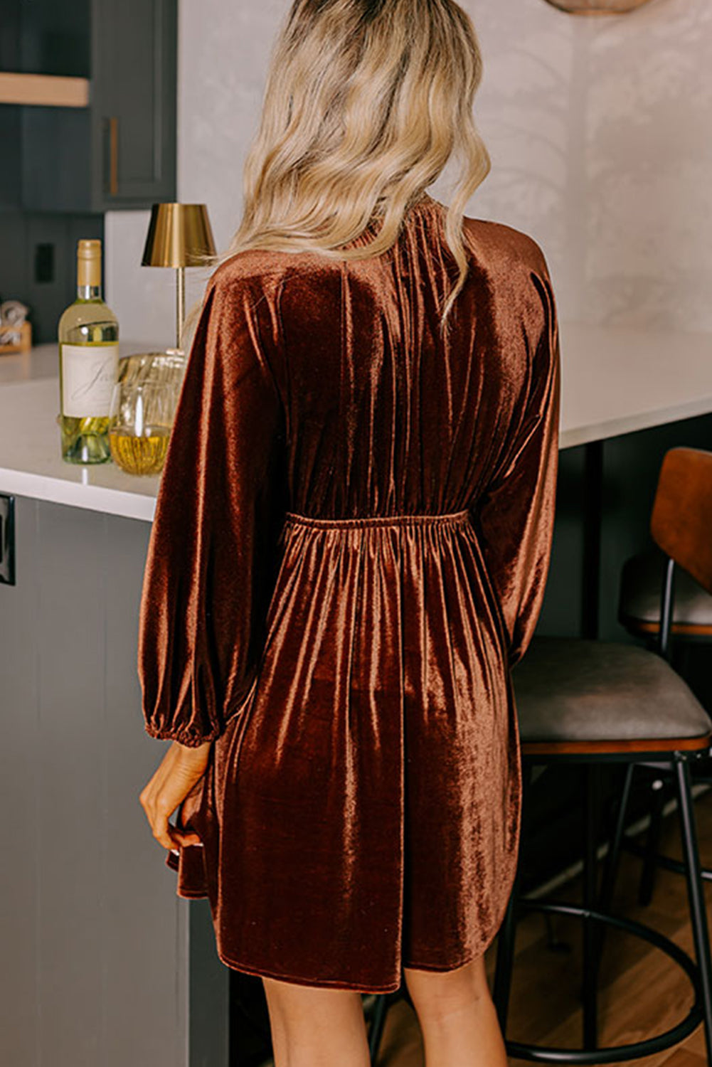 V Neck Puff Sleeve Short Velvet Dress