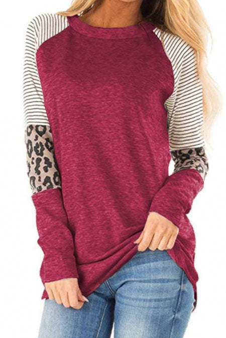 Striped Leopard Sleeve Patchwork Top