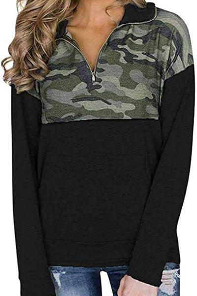 Camo Black Pocketed Zip Collar Sweatshirt