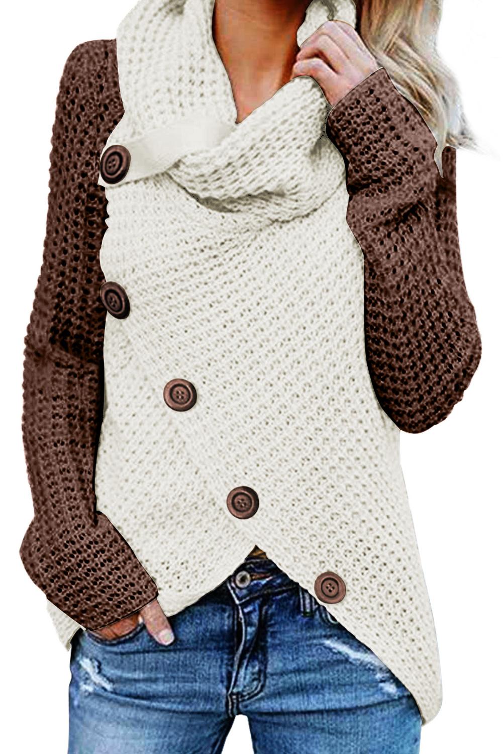 Button Turtle Cowl Neck Pullover Sweater