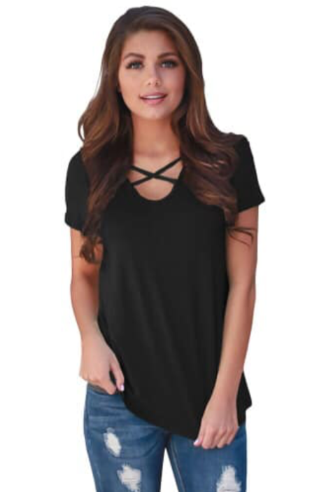 Criss Cross Neck Retro Floral Print Back Tee