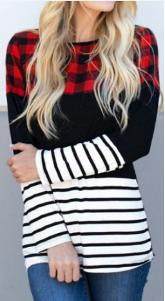 Plaid Long Sleeve Striped Top