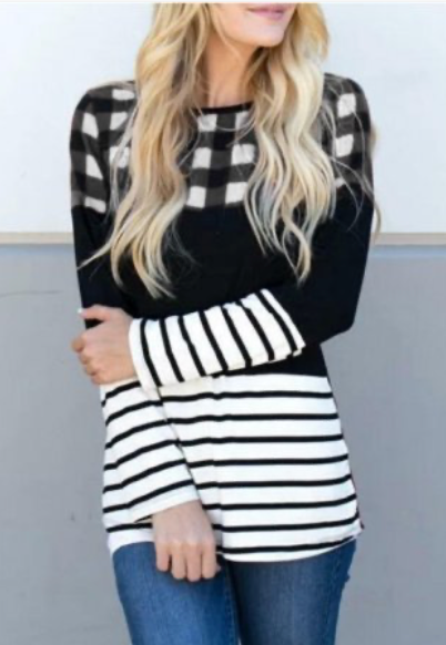 Plaid Long Sleeve Striped Top