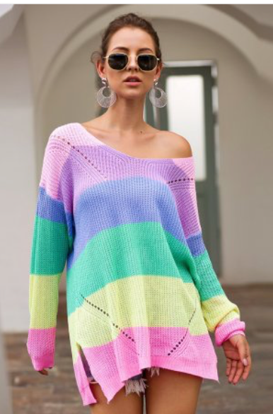 Pink Rainbow Color Block Knitted Sweater