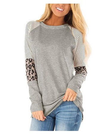 Striped Leopard Sleeve Patchwork Top