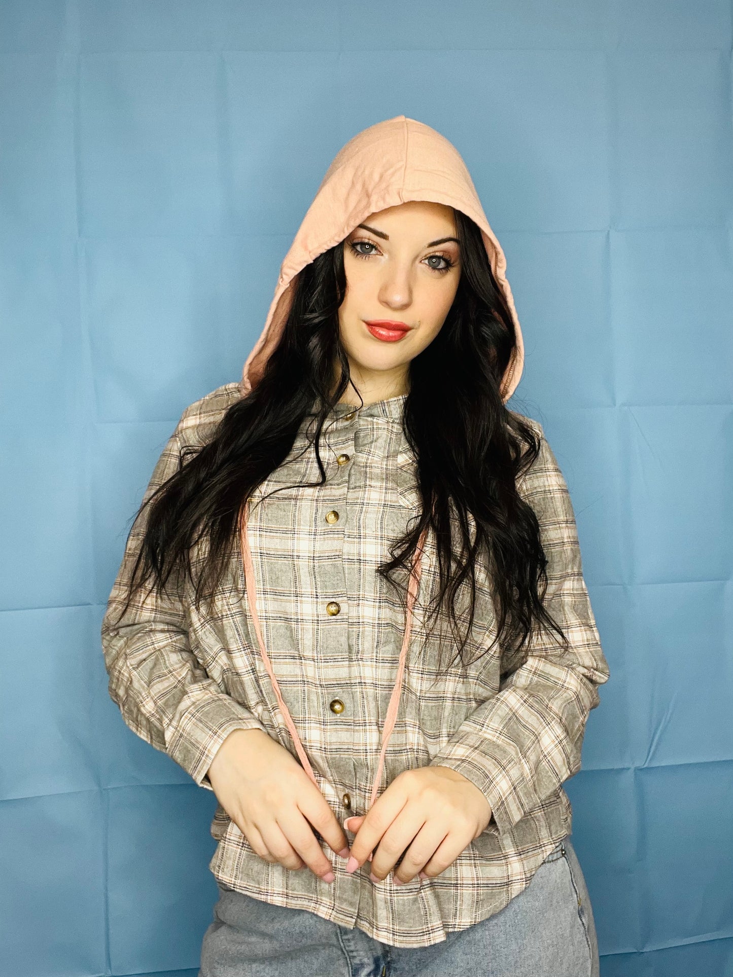 Drawstring Plaid hooded shirt Coat