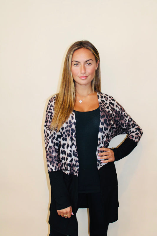 Black Leopard Printed Pocket Cardigan