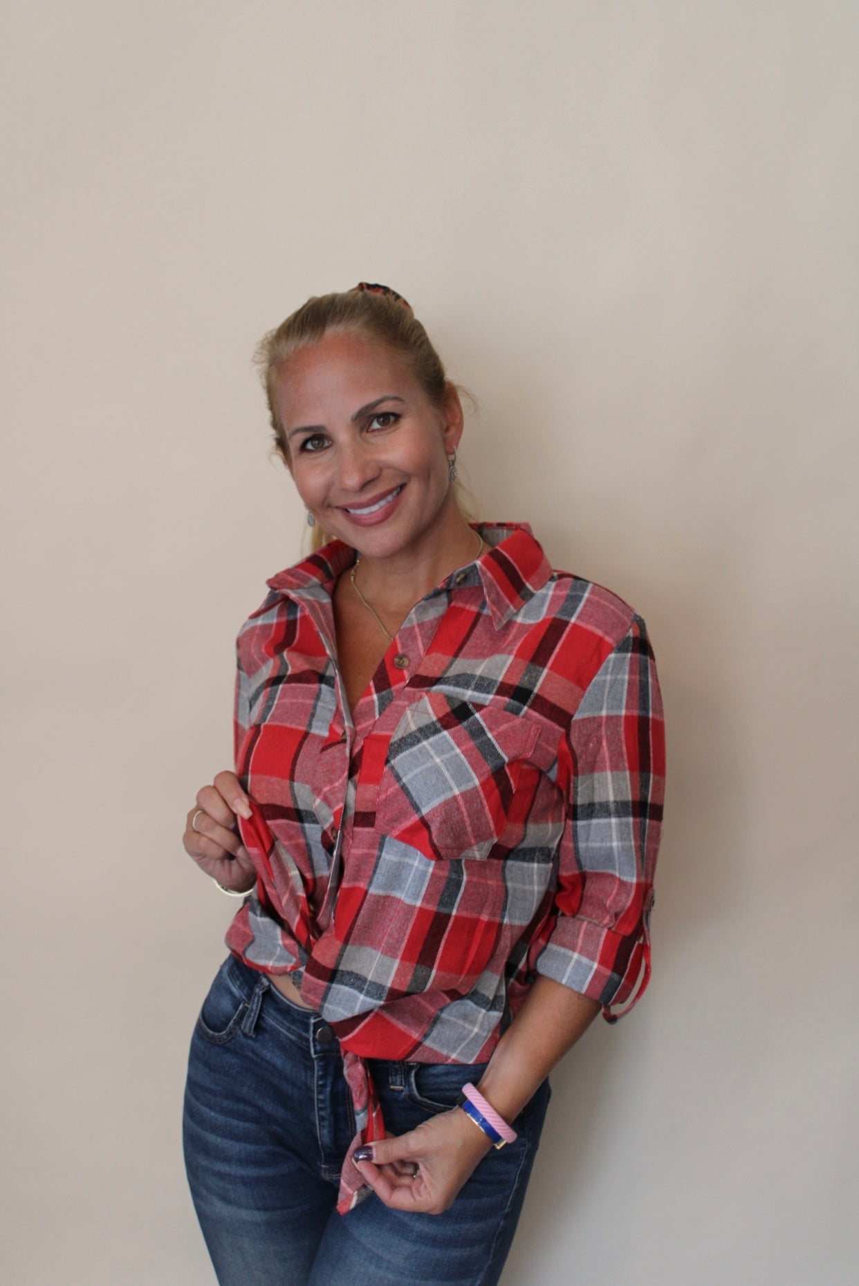 Red Plaid Button Down Top