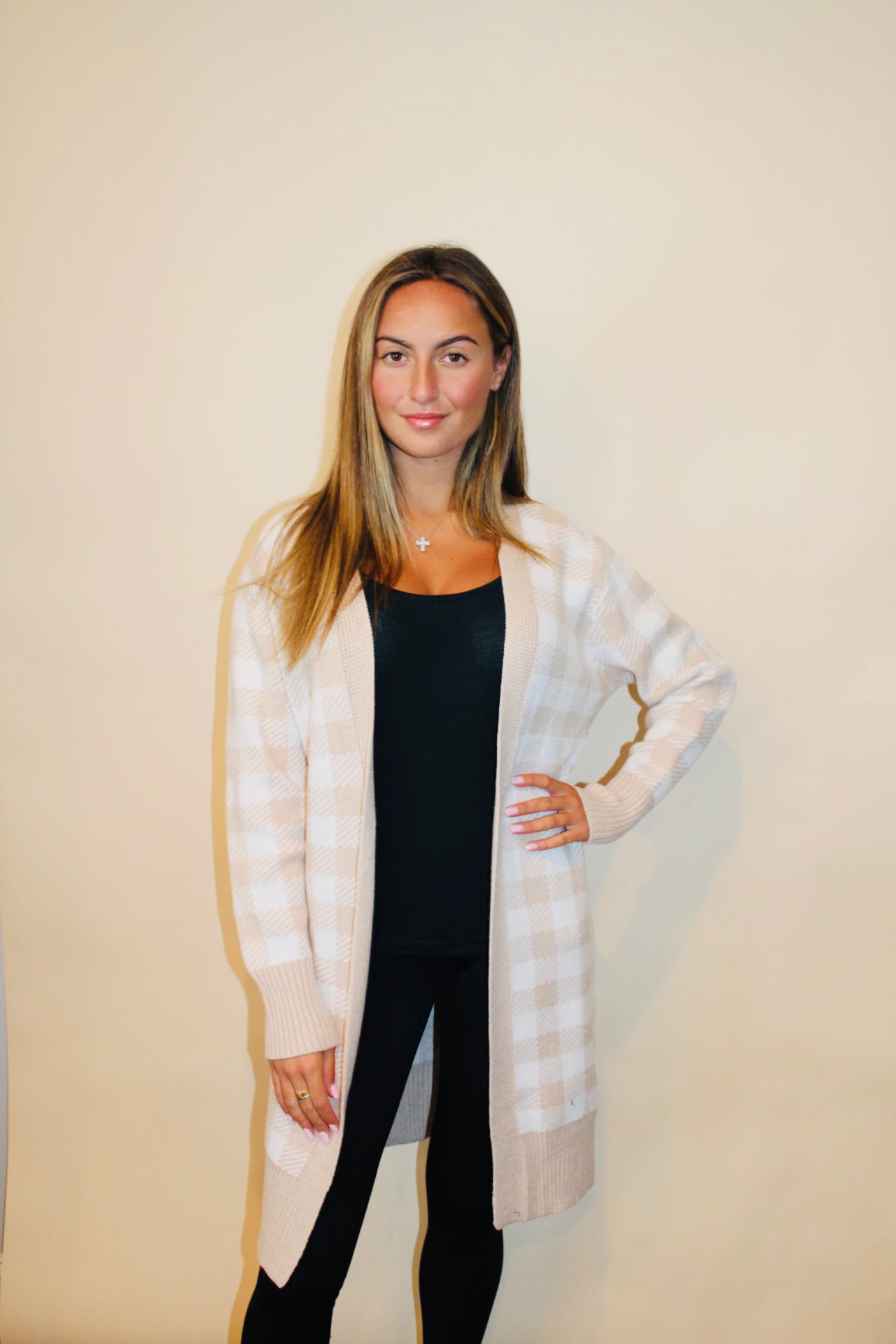 Khaki Open Front Plaid Long Cardigan