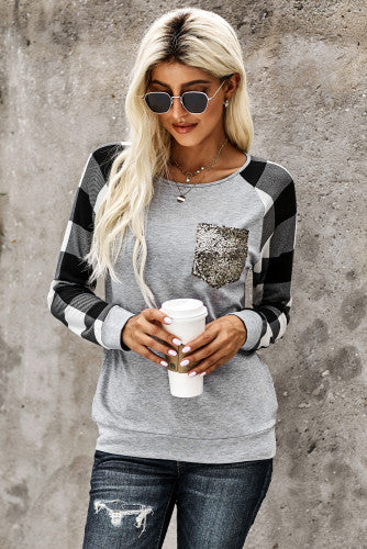 Sequin Pocket Grey Plaid Long Sleeve