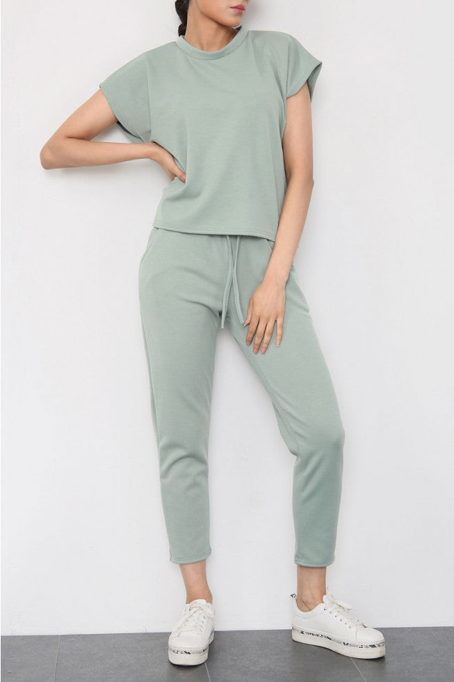 Sage Short Sleeve Boxy Top & Jogger Loungewear Set nge Set