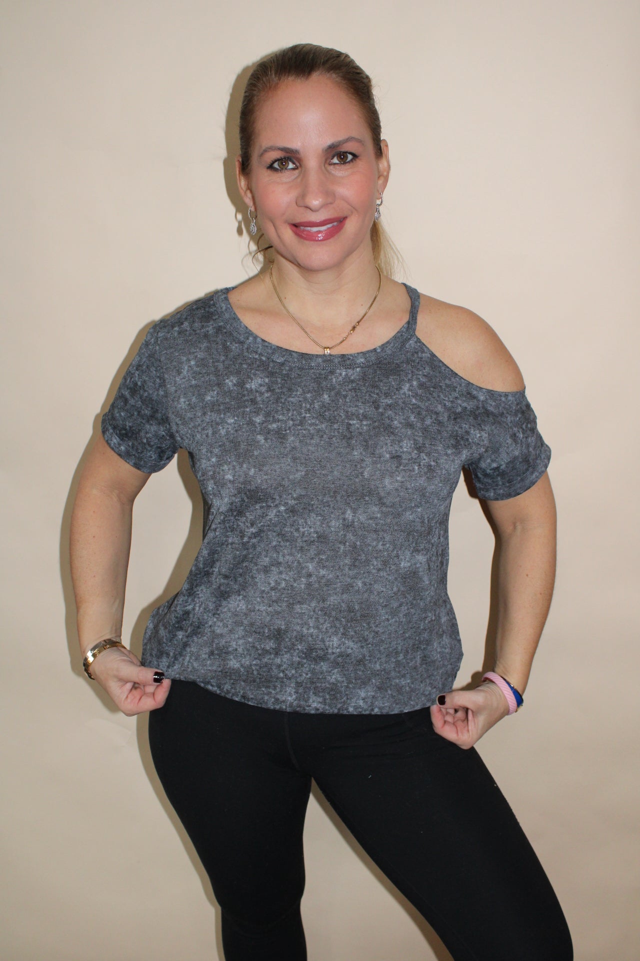 Gray Cut Out Shoulder Distressed T-Shirt